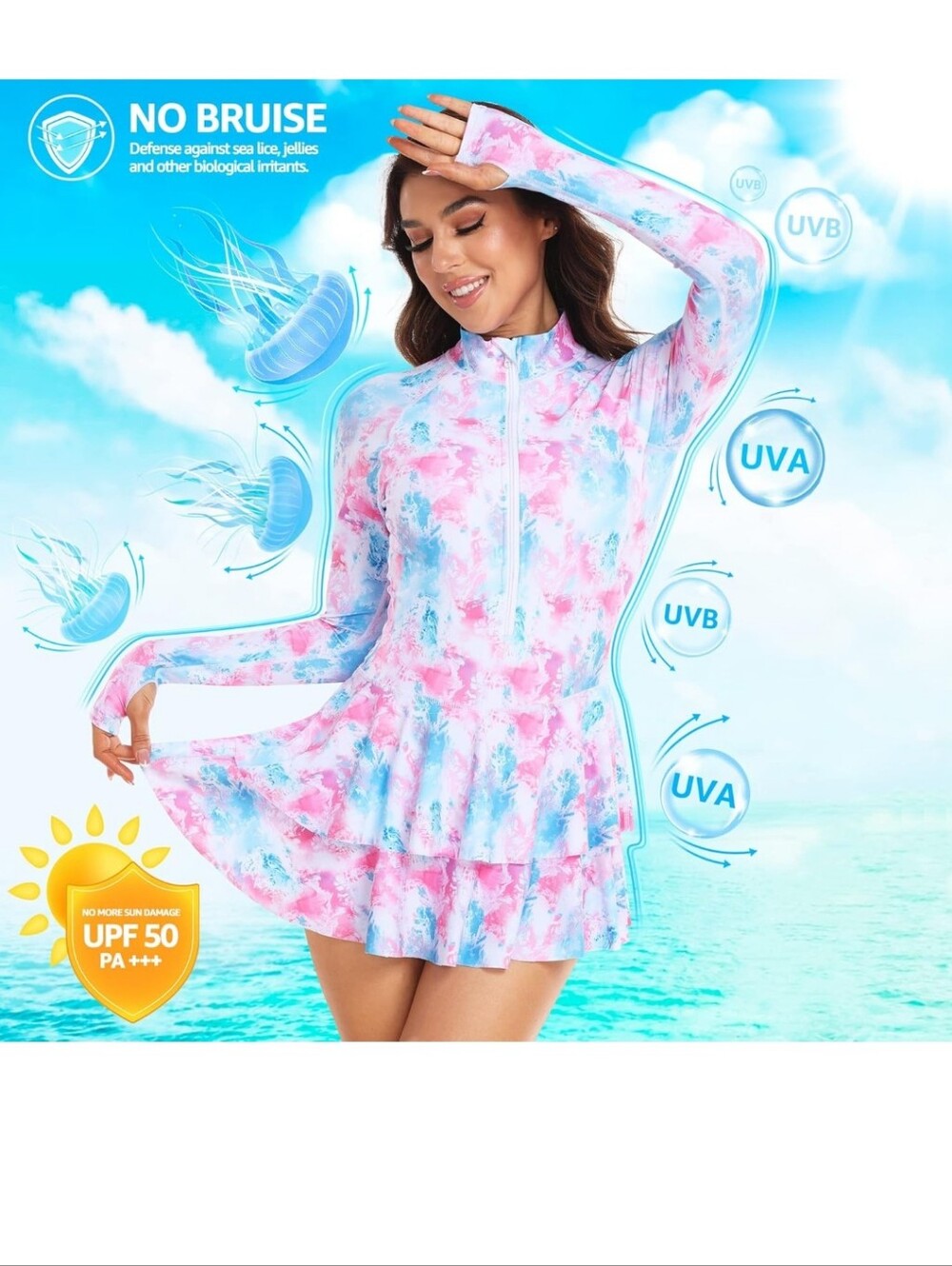 Pink & Blue Tie-Dye Long Sleeve Swim Dress With Shorts Size M - Picture 4 of 7